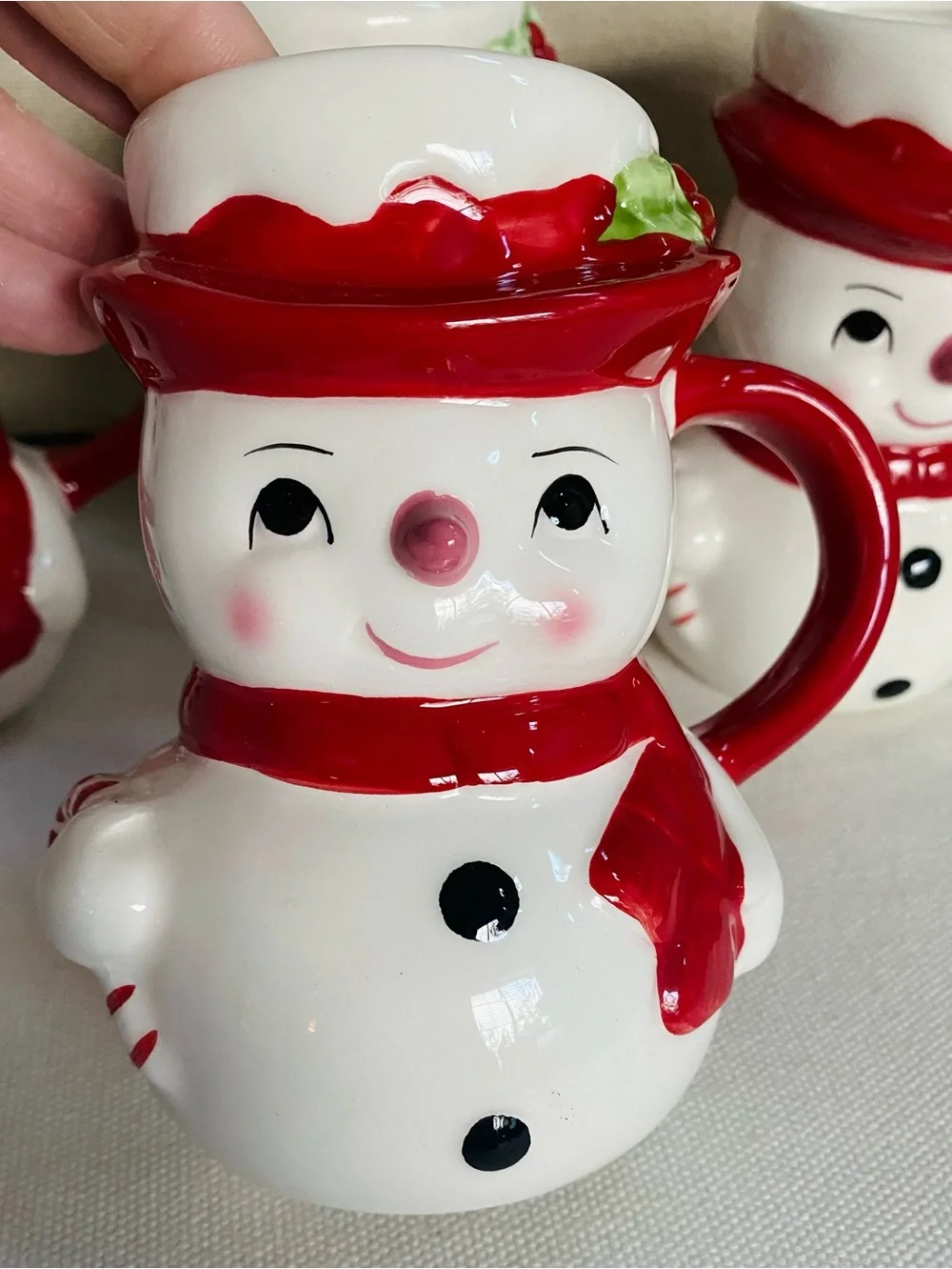 VTG Pottery Barn Snowman Figural Mugs Set of 4 Holiday Christmas Cups